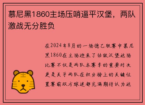 慕尼黑1860主场压哨逼平汉堡，两队激战无分胜负